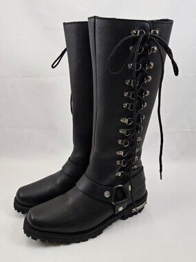 Womens Milwaukee Leather Riding Boots 9 Black Harness Side Lace 14" Biker Goth